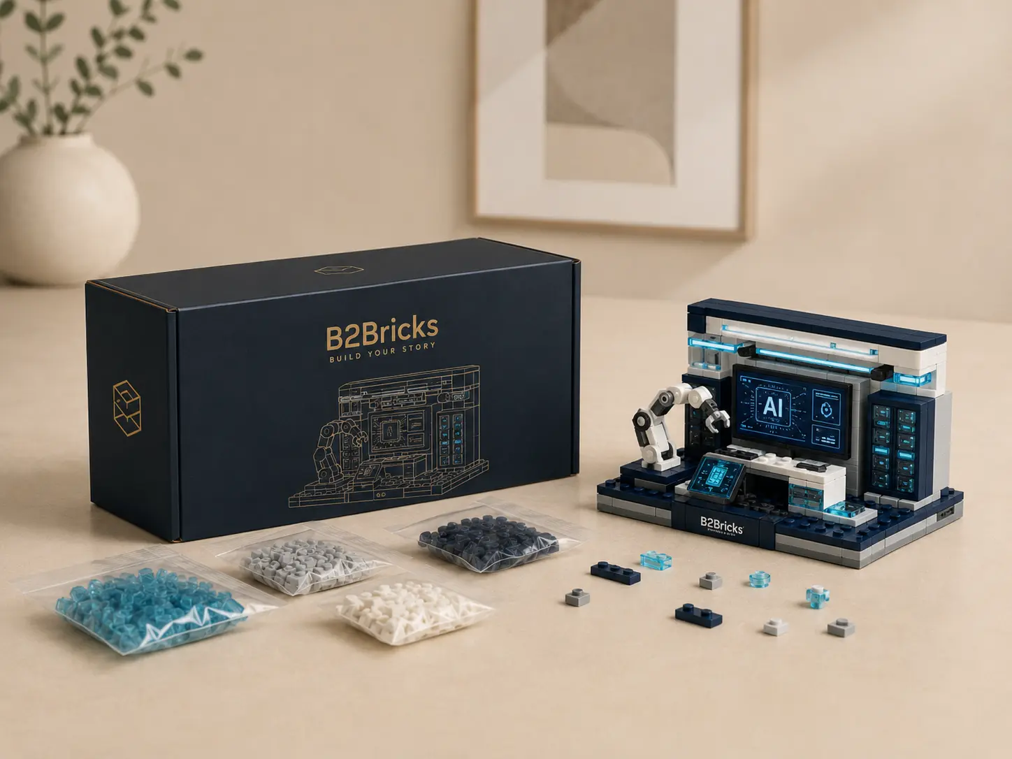 הדמיה של ערכת B2Bricks ממותגת עם דגם קוביות, אריזה וחלקים